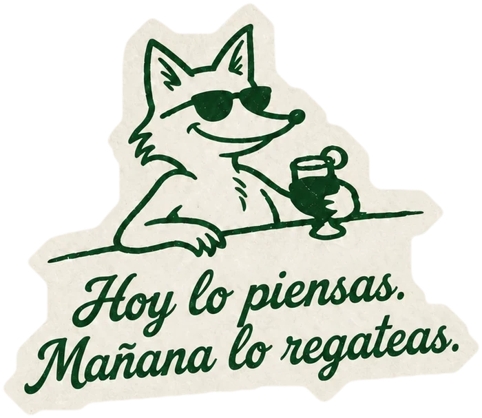 Sticker de un zorro con lentes oscuros y una copa: Hoy lo piensas. Mañana lo regateas.
